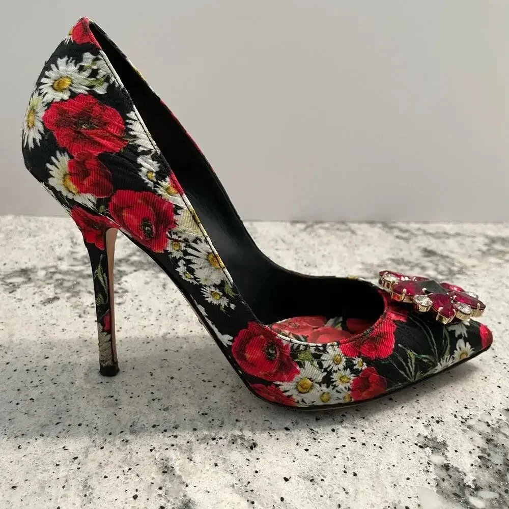 Dolce & Gabbana Pumps Floral Print Crystal Flower High Stiletto Heel Size 39.5